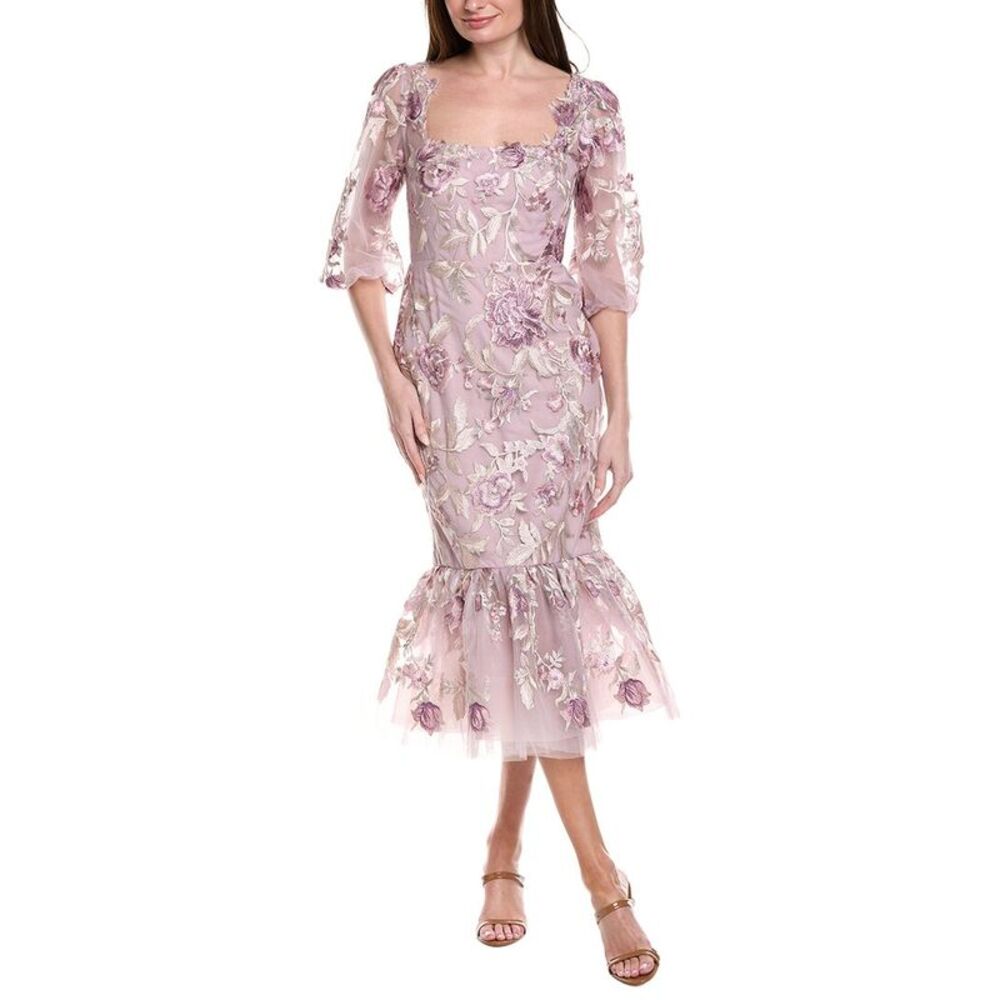 Marchesa Notte Womens  Puff Sleeve Midi Dress, Pink